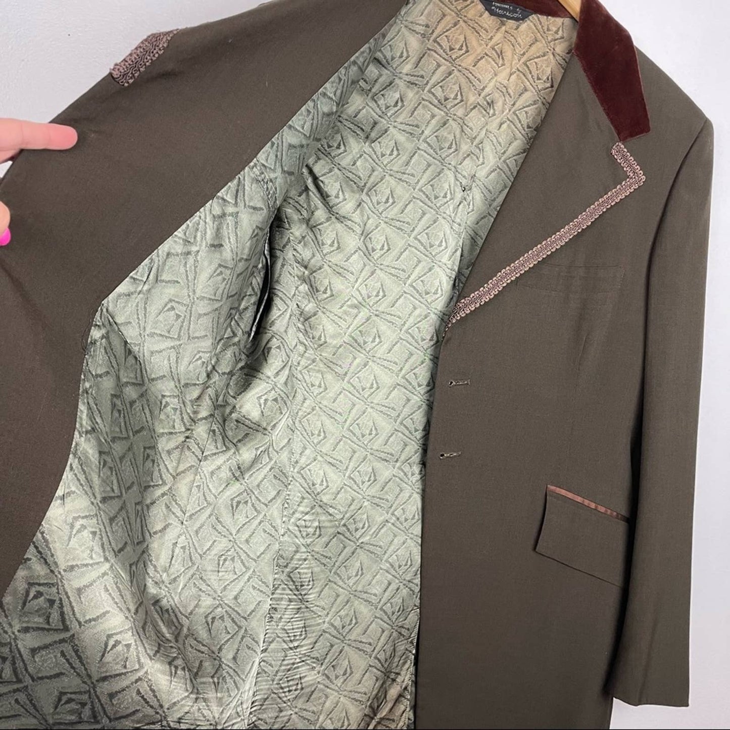 Vintage Mens Dress Jacket Blazer Smoking Jacket Green Brown Velvet