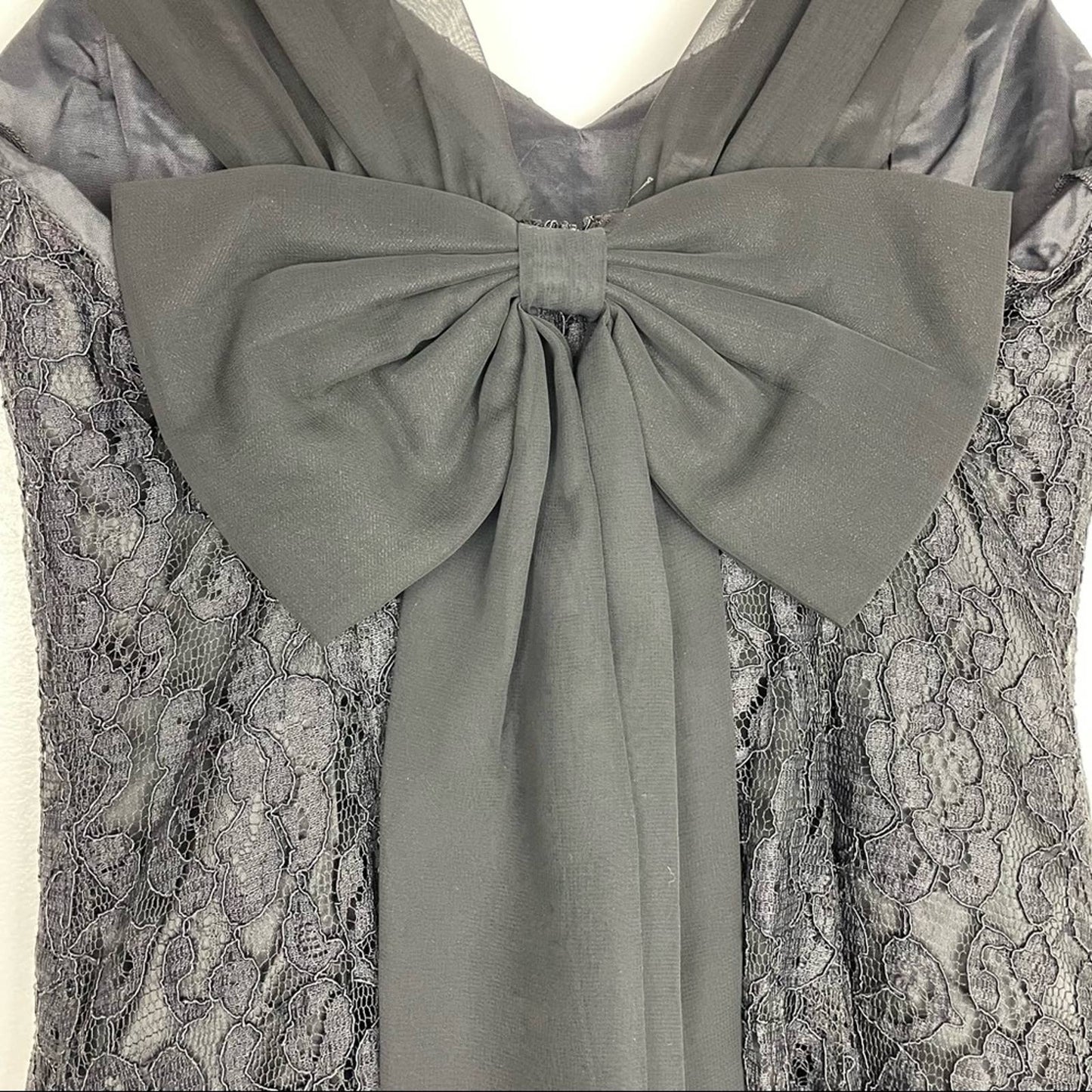 Vintage Black Lace Cocktail Dress Big Bow Pearls Rhinestones