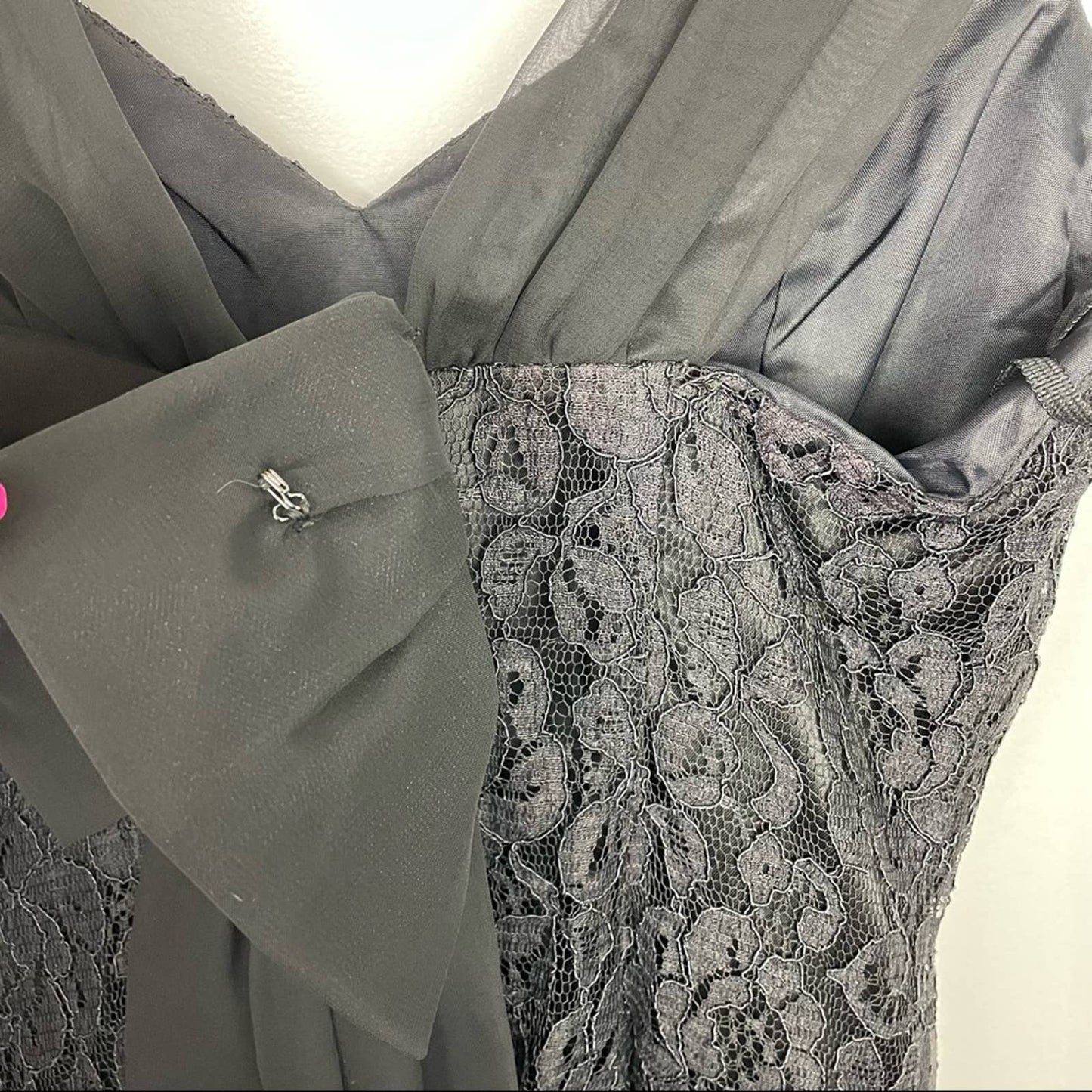Vintage Black Lace Cocktail Dress Big Bow Pearls Rhinestones