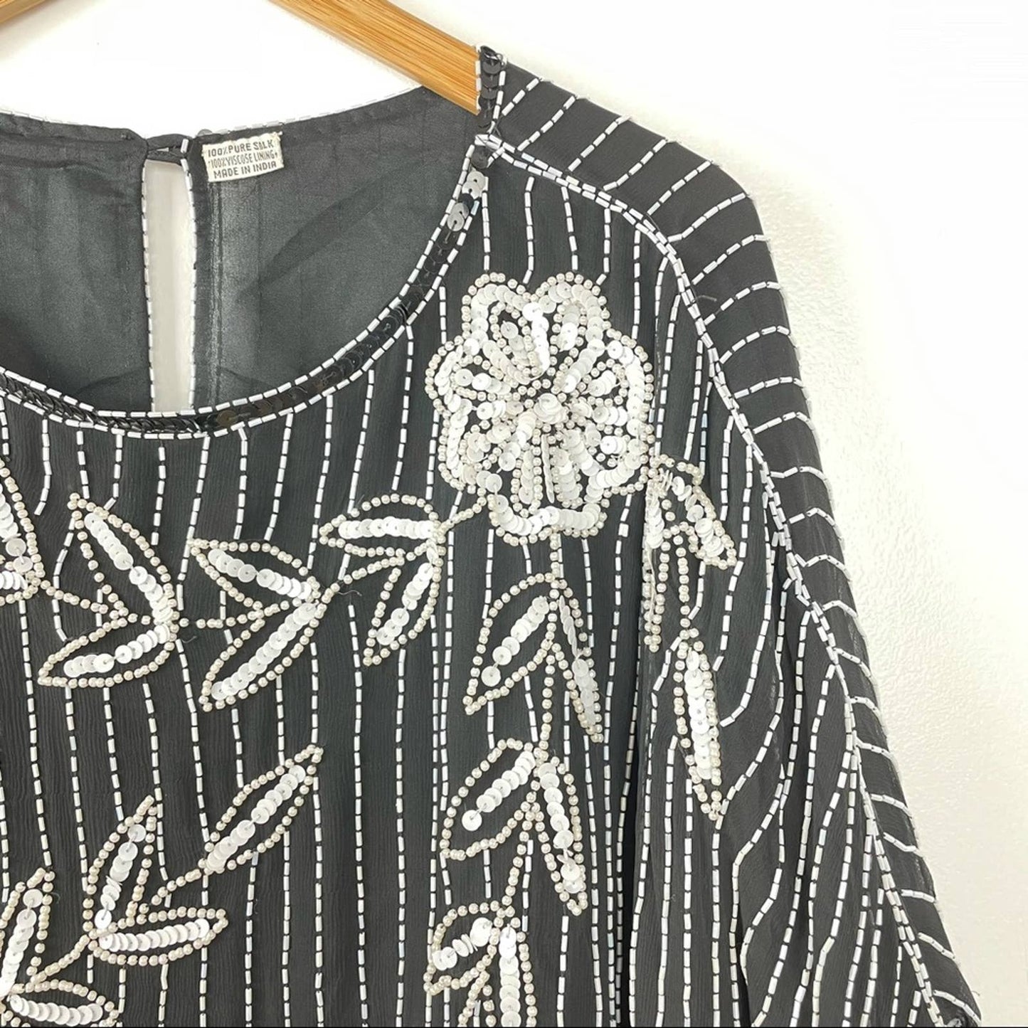 Vintage 100% Silk Beaded Floral Top Black & White