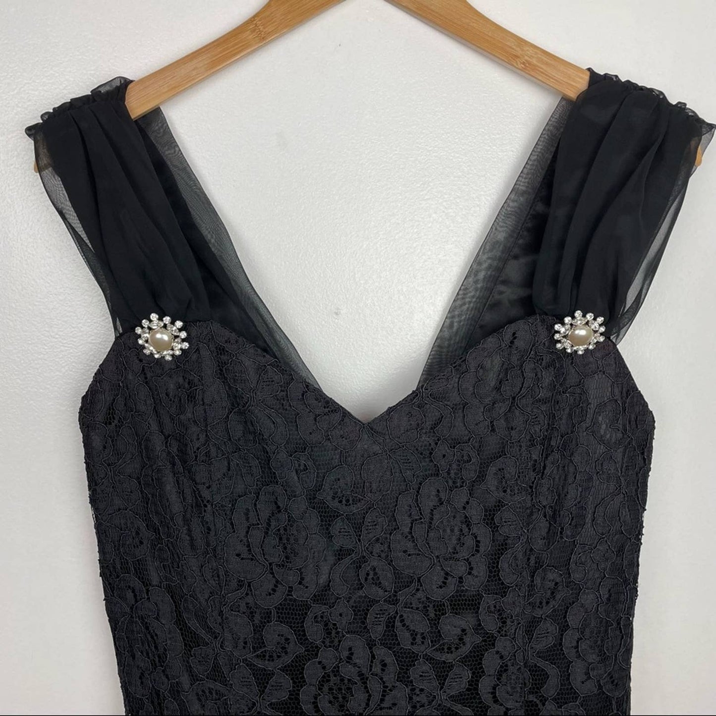 Vintage Black Lace Cocktail Dress Big Bow Pearls Rhinestones